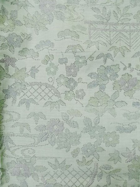 Photo3: L1220S Used Japanese womenPale Light Yellowish Green HITOE unlined / Silk. Flower, Bamboo fence pattern  (Grade C) (3)