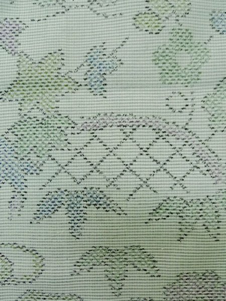Photo5: L1220S Used Japanese womenPale Light Yellowish Green HITOE unlined / Silk. Flower, Bamboo fence pattern  (Grade C) (5)