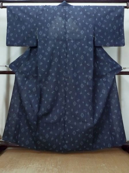 Photo1: Mint L1220T Used Japanese women  Navy Blue HITOE unlined / Silk. Geometrical pattern,   (Grade A) (1)