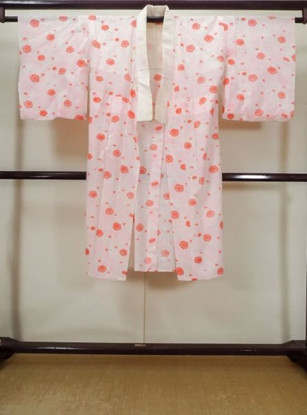 Photo1: M0110A Used Japanese women  White JUBAN undergarment / Mousseline. Chrysanthemum,   (Grade D) (1)