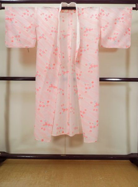 Photo1: M0110C Used Japanese women  Pink JUBAN undergarment / Mousseline. Chrysanthemum   (Grade D) (1)