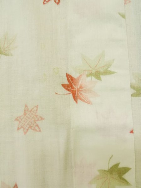 Photo7: M0110G Used Japanese women Greenish Ivory JUBAN undergarment / Mousseline. MOMIJI maple leaf   (Grade D) (7)