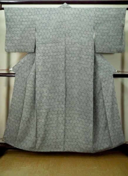 Photo1: M0131A Used Japanese womenPale Bluish Gray KOMON dyed / Silk. Flower,   (Grade B) (1)