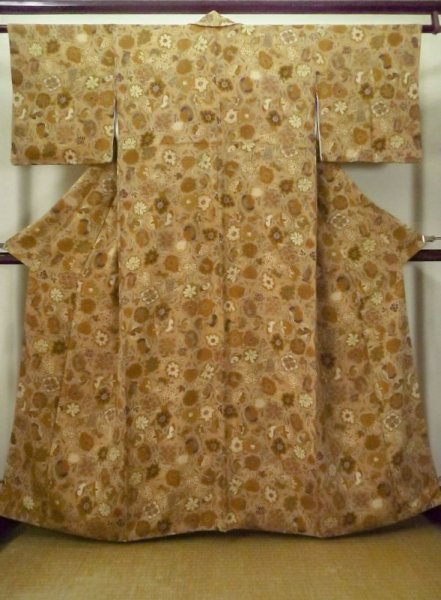 Photo1: M0131L Used Japanese women  Beige KOMON dyed / Silk. Bird,   (Grade B) (1)