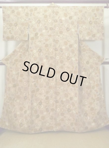 Photo1: M0131L Used Japanese women  Beige KOMON dyed / Silk. Bird,   (Grade B) (1)