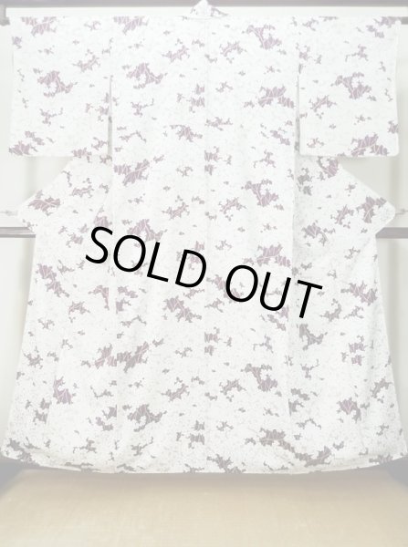 Photo1: M0131T Used Japanese women Dark Purple KOMON dyed / Silk. UME plum bloom   (Grade A) (1)