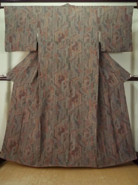 Photo1: M0131U Used Japanese womenPale Brownish Brown KOMON dyed / Synthetic. Chinese flower, Emboss processing(not Chirimen crape)  (Grade A) (1)