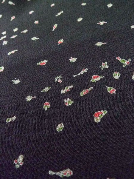 Photo9: M0131V Used Japanese women  Black KOMON dyed / Silk.  Japanese traditional toys such as "Koma", "Kendama", "Hagoita" and so on  (Grade A) (9)