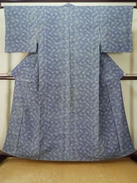 Photo1: M0201A Used Japanese women Pale Blue KOMON dyed / Synthetic. Flower,   (Grade C) (1)