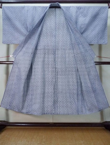 Photo2: M0207T Used Japanese men  Indigo Blue Men's Yukata / Cotton. Plaid Checks   (Grade B) (2)