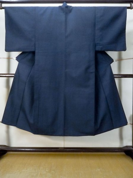 Photo1: M0301P Used Japanese men  Navy Blue Men's Kimono / Wool. Line   (Grade D) (1)