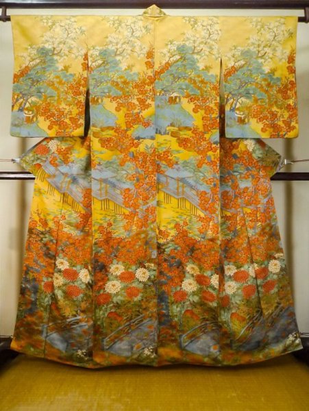 Photo1: M0307G Used Japanese women Shiny Golden Yellow KOMON dyed / Silk. SAKURA cherry blossom,   (Grade A) (1)