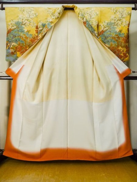 Photo2: M0307G Used Japanese women Shiny Golden Yellow KOMON dyed / Silk. SAKURA cherry blossom,   (Grade A) (2)