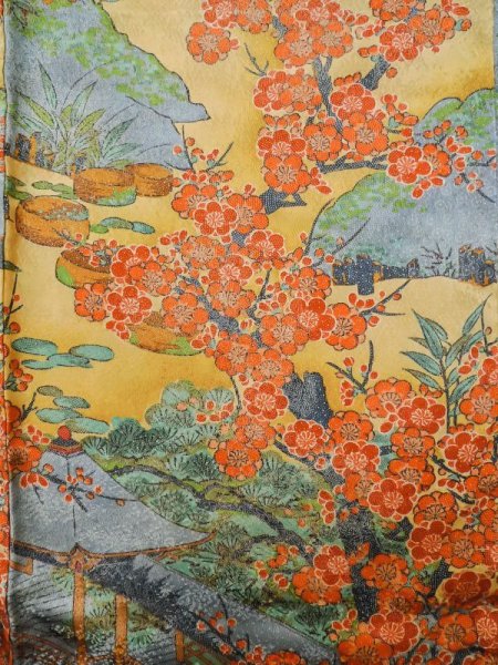 Photo3: M0307G Used Japanese women Shiny Golden Yellow KOMON dyed / Silk. SAKURA cherry blossom,   (Grade A) (3)