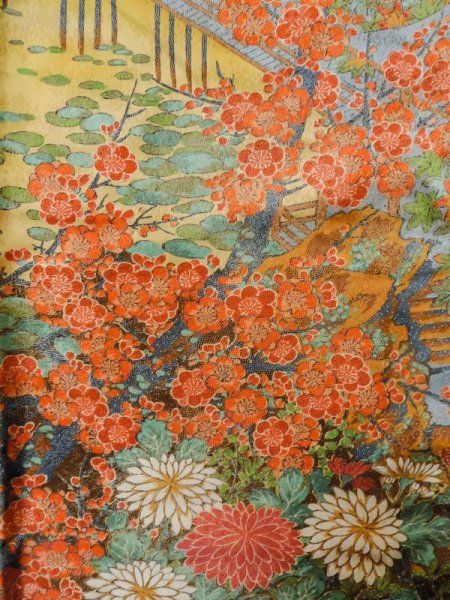 Photo4: M0307G Used Japanese women Shiny Golden Yellow KOMON dyed / Silk. SAKURA cherry blossom,   (Grade A) (4)