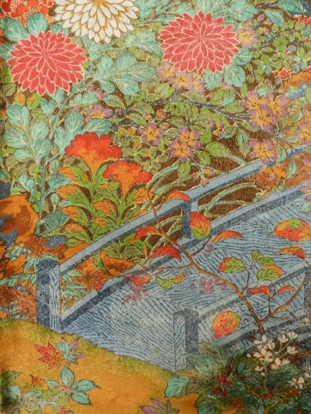 Photo5: M0307G Used Japanese women Shiny Golden Yellow KOMON dyed / Silk. SAKURA cherry blossom,   (Grade A) (5)