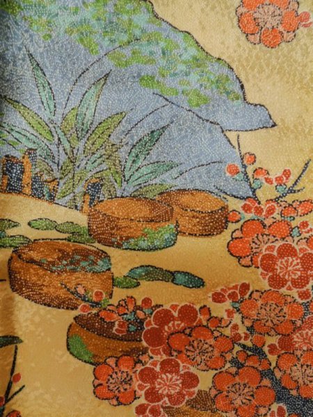 Photo6: M0307G Used Japanese women Shiny Golden Yellow KOMON dyed / Silk. SAKURA cherry blossom,   (Grade A) (6)