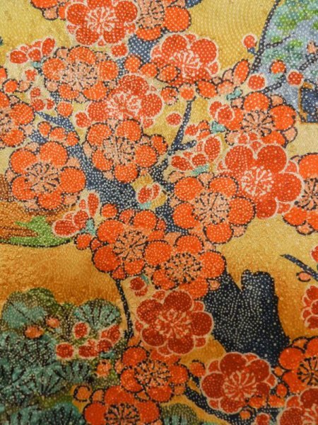 Photo7: M0307G Used Japanese women Shiny Golden Yellow KOMON dyed / Silk. SAKURA cherry blossom,   (Grade A) (7)