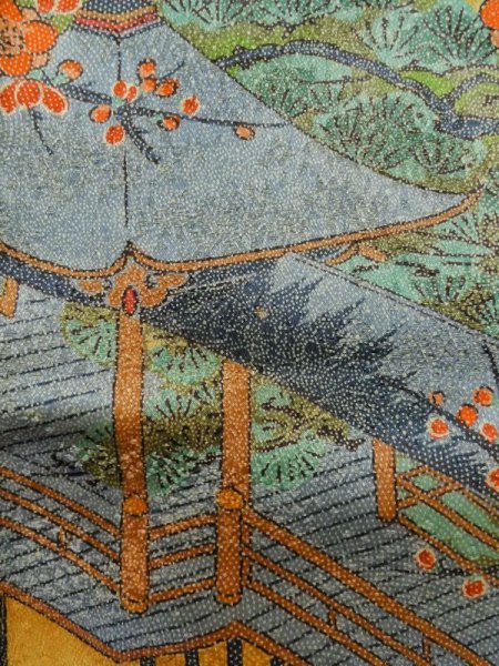 Photo8: M0307G Used Japanese women Shiny Golden Yellow KOMON dyed / Silk. SAKURA cherry blossom,   (Grade A) (8)