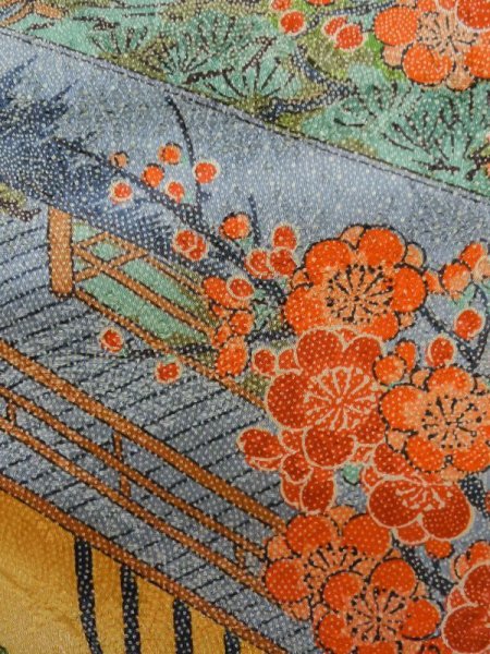 Photo9: M0307G Used Japanese women Shiny Golden Yellow KOMON dyed / Silk. SAKURA cherry blossom,   (Grade A) (9)