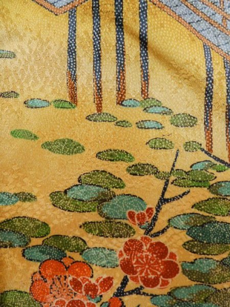 Photo10: M0307G Used Japanese women Shiny Golden Yellow KOMON dyed / Silk. SAKURA cherry blossom,   (Grade A) (10)