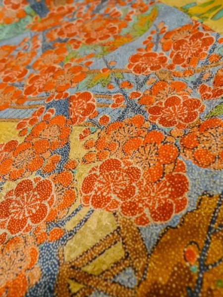 Photo11: M0307G Used Japanese women Shiny Golden Yellow KOMON dyed / Silk. SAKURA cherry blossom,   (Grade A) (11)