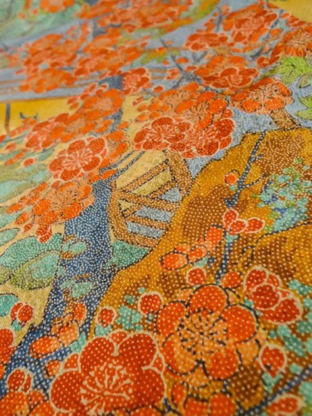 Photo12: M0307G Used Japanese women Shiny Golden Yellow KOMON dyed / Silk. SAKURA cherry blossom,   (Grade A) (12)