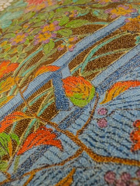 Photo15: M0307G Used Japanese women Shiny Golden Yellow KOMON dyed / Silk. SAKURA cherry blossom,   (Grade A) (15)