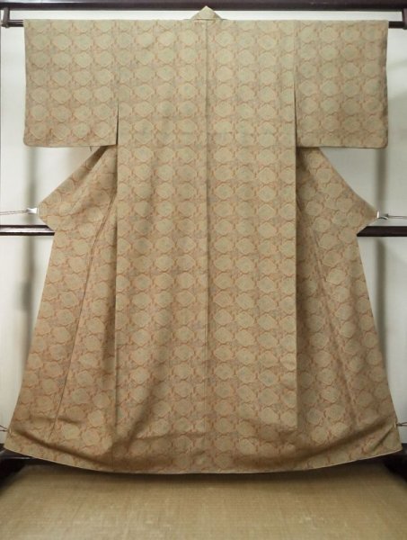 Photo1: M0307I Used Japanese womenPale Dark Brown KOMON dyed / Silk. Lozenges,   (Grade A) (1)