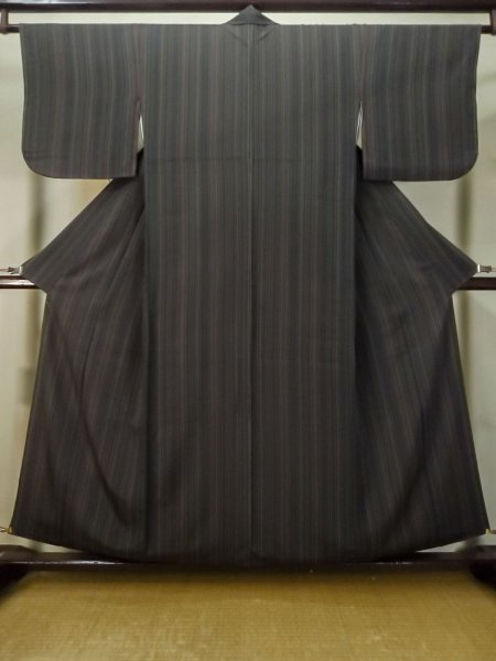 Photo1: M0307Z Used Japanese womenPale Dark Brown KOMON dyed / Silk. Stripes   (Grade A) (1)