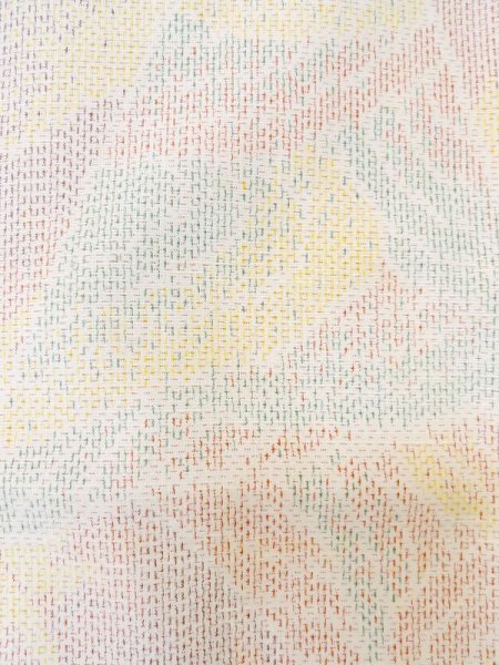 Photo5: Mint M0315B Used Japanese womenPale Light Multi Color TSUMUGI pongee / Silk. Geometrical pattern,   (Grade A) (5)