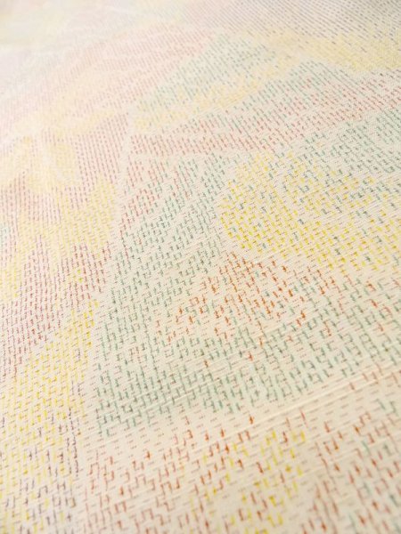 Photo9: Mint M0315B Used Japanese womenPale Light Multi Color TSUMUGI pongee / Silk. Geometrical pattern,   (Grade A) (9)