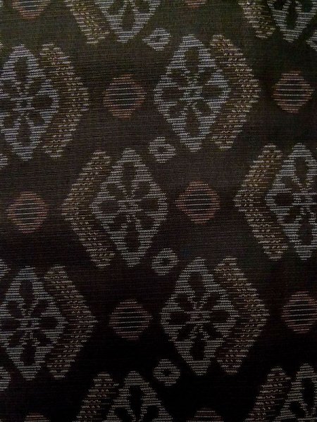 Photo6: M0315K Used Japanese women  Yellowish Green MURAYAMA OSHIMA TSUMUGI pongee / Silk. Abstract pattern   (Grade D) (6)