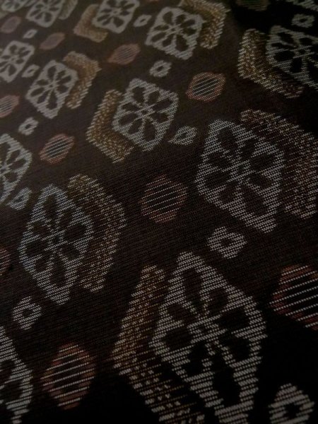 Photo8: M0315K Used Japanese women  Yellowish Green MURAYAMA OSHIMA TSUMUGI pongee / Silk. Abstract pattern   (Grade D) (8)