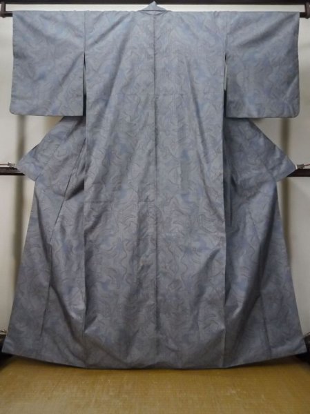 Photo1: M0315L Used Japanese women Pale Blue OSHIMA TSUMGI pongee / Silk. Abstract pattern   (Grade C) (1)