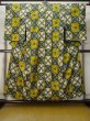 Photo1: M0315O Used Japanese women  Yellowish Green TSUMUGI pongee / Silk. Geometrical pattern,   (Grade B) (1)