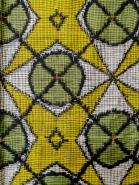 Photo4: M0315O Used Japanese women  Yellowish Green TSUMUGI pongee / Silk. Geometrical pattern,   (Grade B) (4)