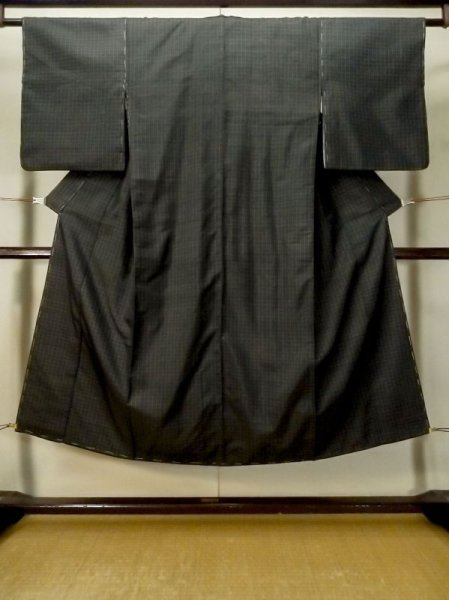 Photo1: M0315Q Used Japanese women Dark Teal TSUMUGI pongee / Silk. Plaid Checks   (Grade D) (1)