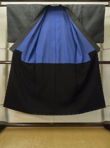 Photo2: M0315Q Used Japanese women Dark Teal TSUMUGI pongee / Silk. Plaid Checks   (Grade D) (2)