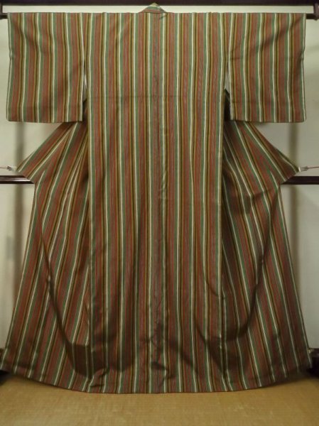 Photo1: M0315S Used Japanese women  Multi Color TSUMUGI pongee / Silk. Stripes   (Grade C) (1)