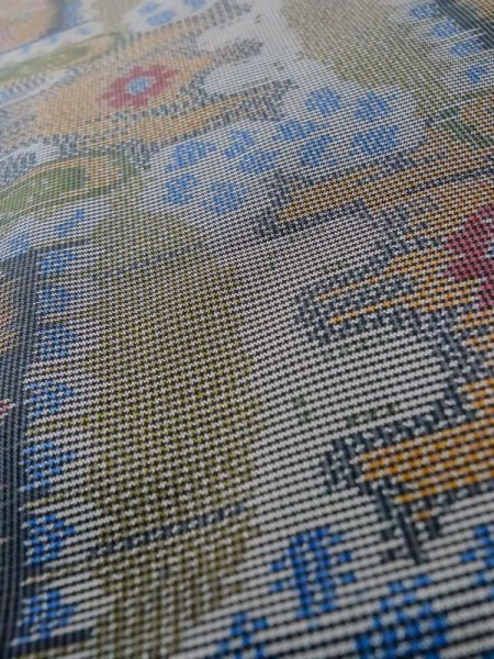 Photo10: Mint M0315T Used Japanese women Pale Multi Color OSHIMA TSUMGI pongee / Silk. Abstract pattern   (Grade A) (10)