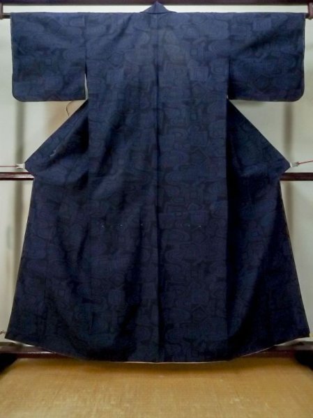 Photo1: Mint M0315X Used Japanese women Dark Blue TSUMUGI pongee / Silk. Stream,   (Grade A) (1)