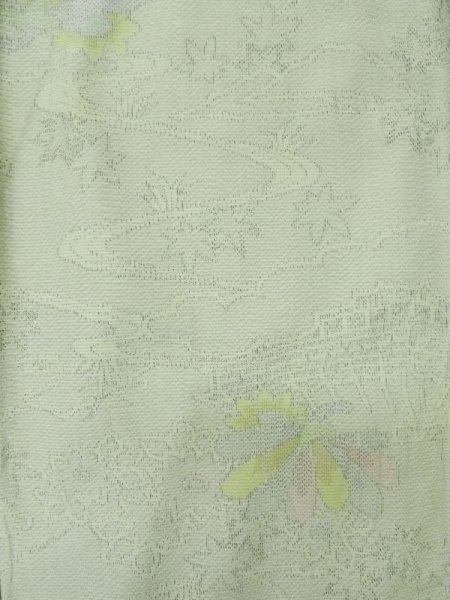 Photo3: M0315Z Used Japanese womenPale Light Yellowish Green TSUMUGI pongee / Silk. Flower,   (Grade C) (3)