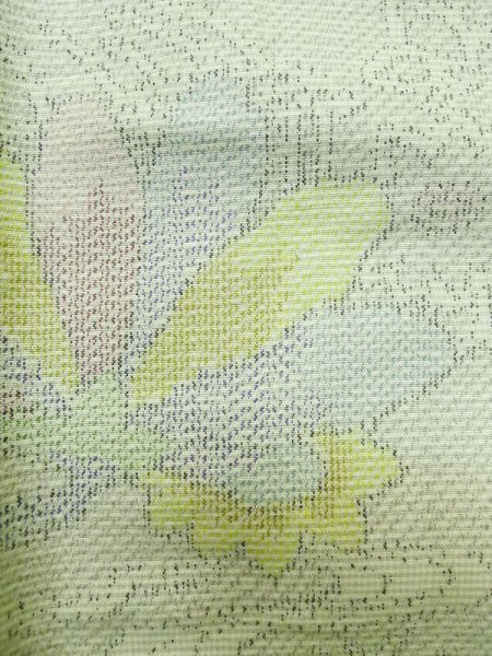 Photo6: M0315Z Used Japanese womenPale Light Yellowish Green TSUMUGI pongee / Silk. Flower,   (Grade C) (6)