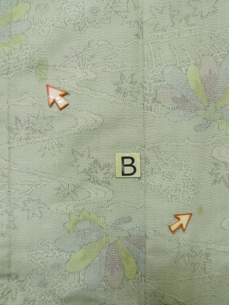 Photo15: M0315Z Used Japanese womenPale Light Yellowish Green TSUMUGI pongee / Silk. Flower,   (Grade C) (15)