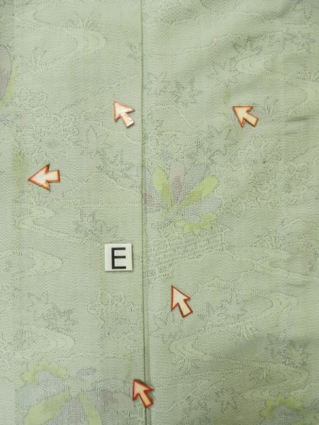 Photo18: M0315Z Used Japanese womenPale Light Yellowish Green TSUMUGI pongee / Silk. Flower,   (Grade C) (18)