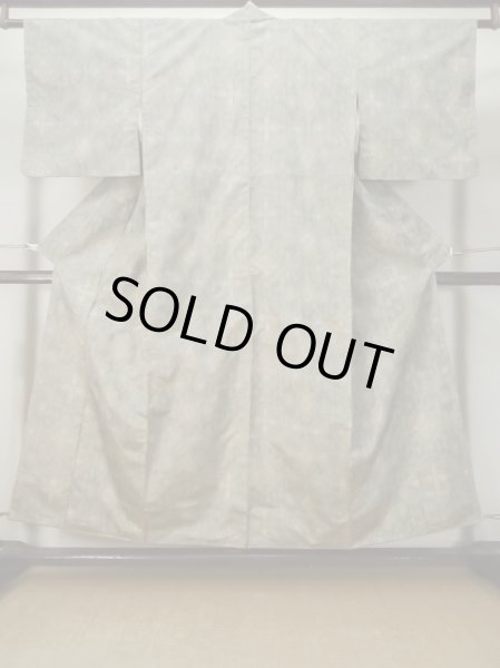 Photo1: M0316D Used Japanese women Pale Yellowish Green OSHIMA TSUMGI pongee / Silk. Geometrical pattern,   (Grade A) (1)