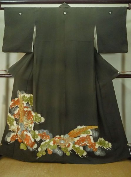 Photo1: M0328A Used Japanese women  Black TOMESODE formal / Silk. Pine tree/branch/needle,   (Grade C) (1)