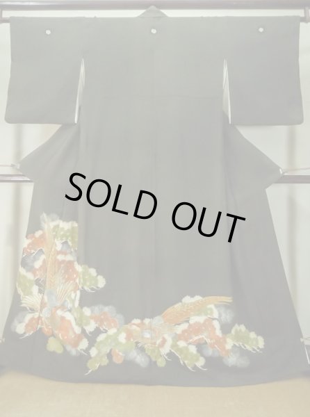 Photo1: M0328A Used Japanese women  Black TOMESODE formal / Silk. Pine tree/branch/needle,   (Grade C) (1)