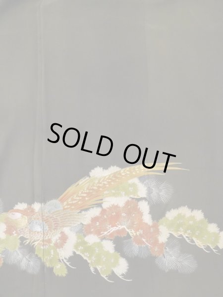 Photo6: M0328A Used Japanese women  Black TOMESODE formal / Silk. Pine tree/branch/needle,   (Grade C) (6)